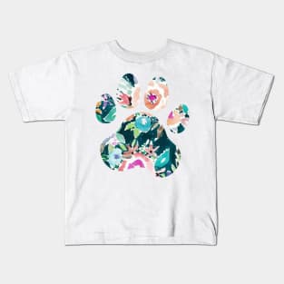 Teal Floral Paw Print Kids T-Shirt